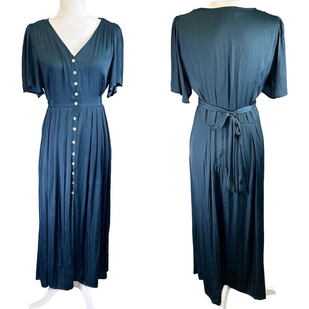 OYSHO Maxi Green Satin Cottage Feminine Regency Flutter Sleeve Tie Button Size L